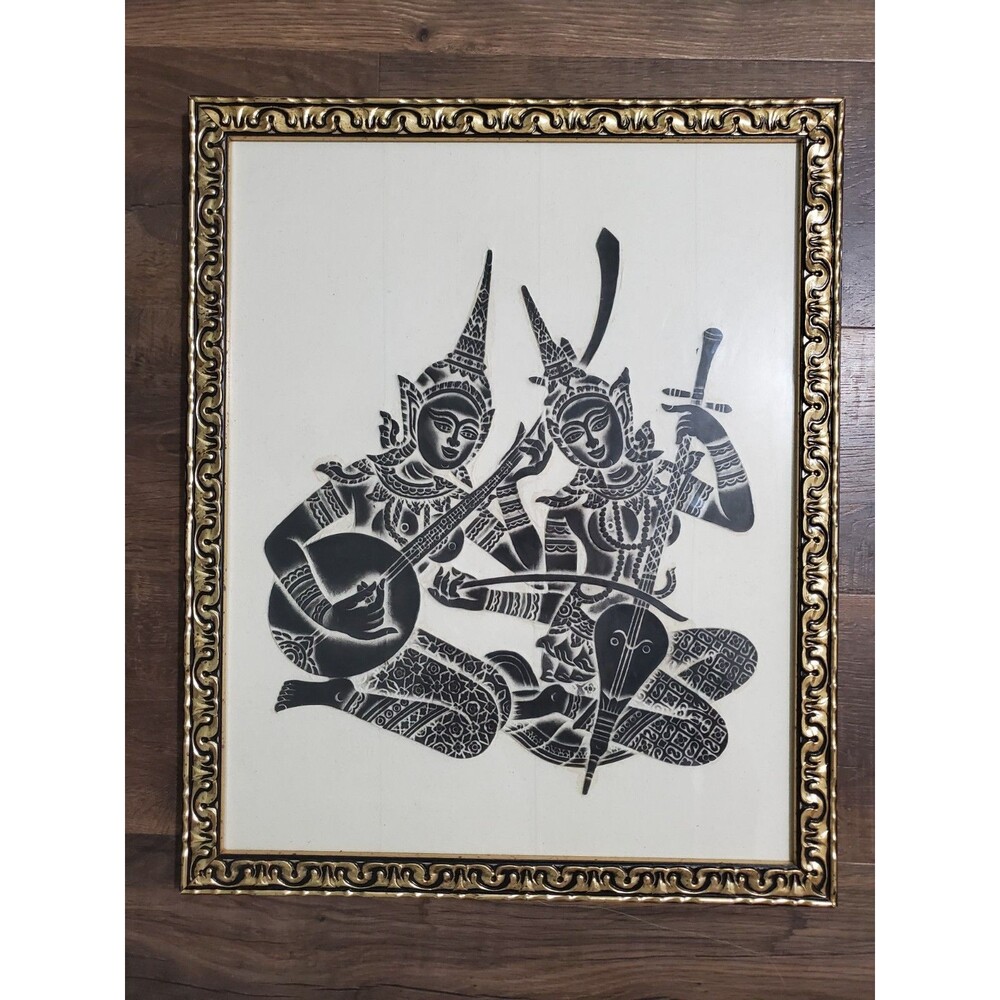 Vintage Temple Rubbing Rice Paper Brown 2 Thai Musicians Framed 22"x18"